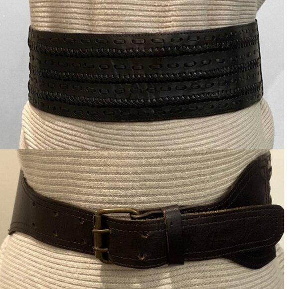Brown Wide Waist Belt Leather Woven Buckle Corset Style - Picture 1 of 14